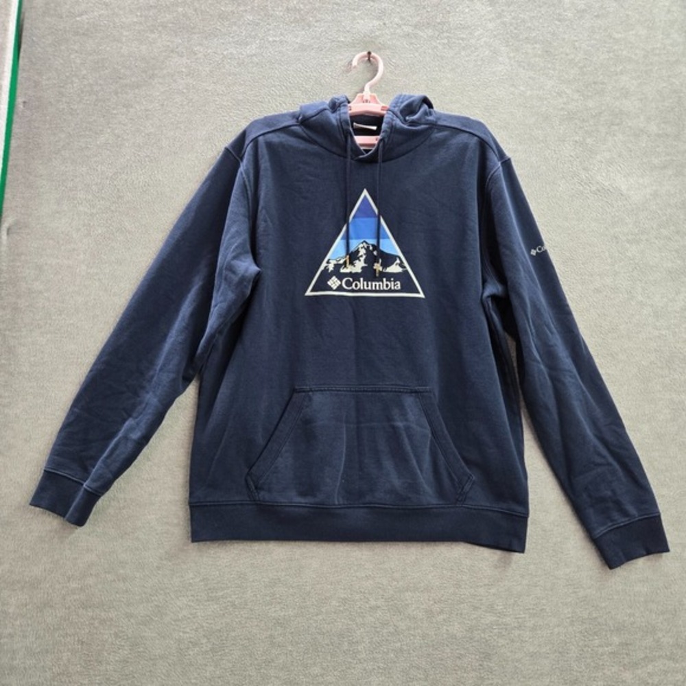 Columbia Men Sweatshirt L Blue Mountain Logo Graphic Hoodie Fleece Drawstring